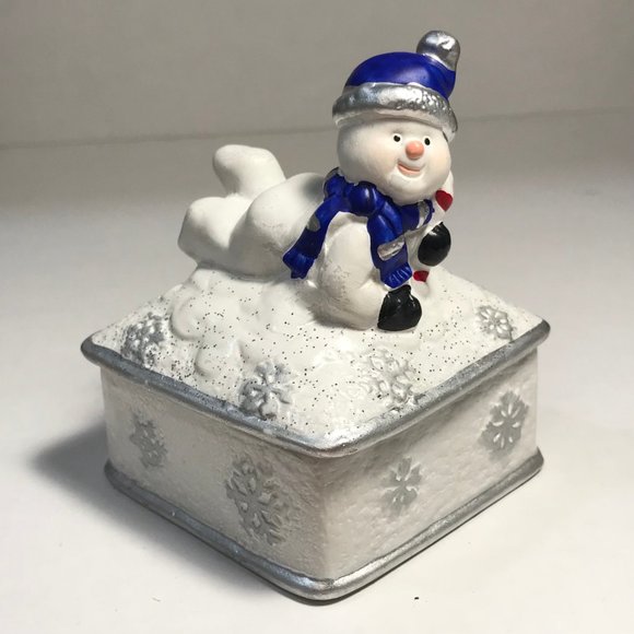 Vintage Ceramic Snowman Snowflake Christmas Trinket Box Jewelry Blue WhiteSilver - Picture 10 of 16